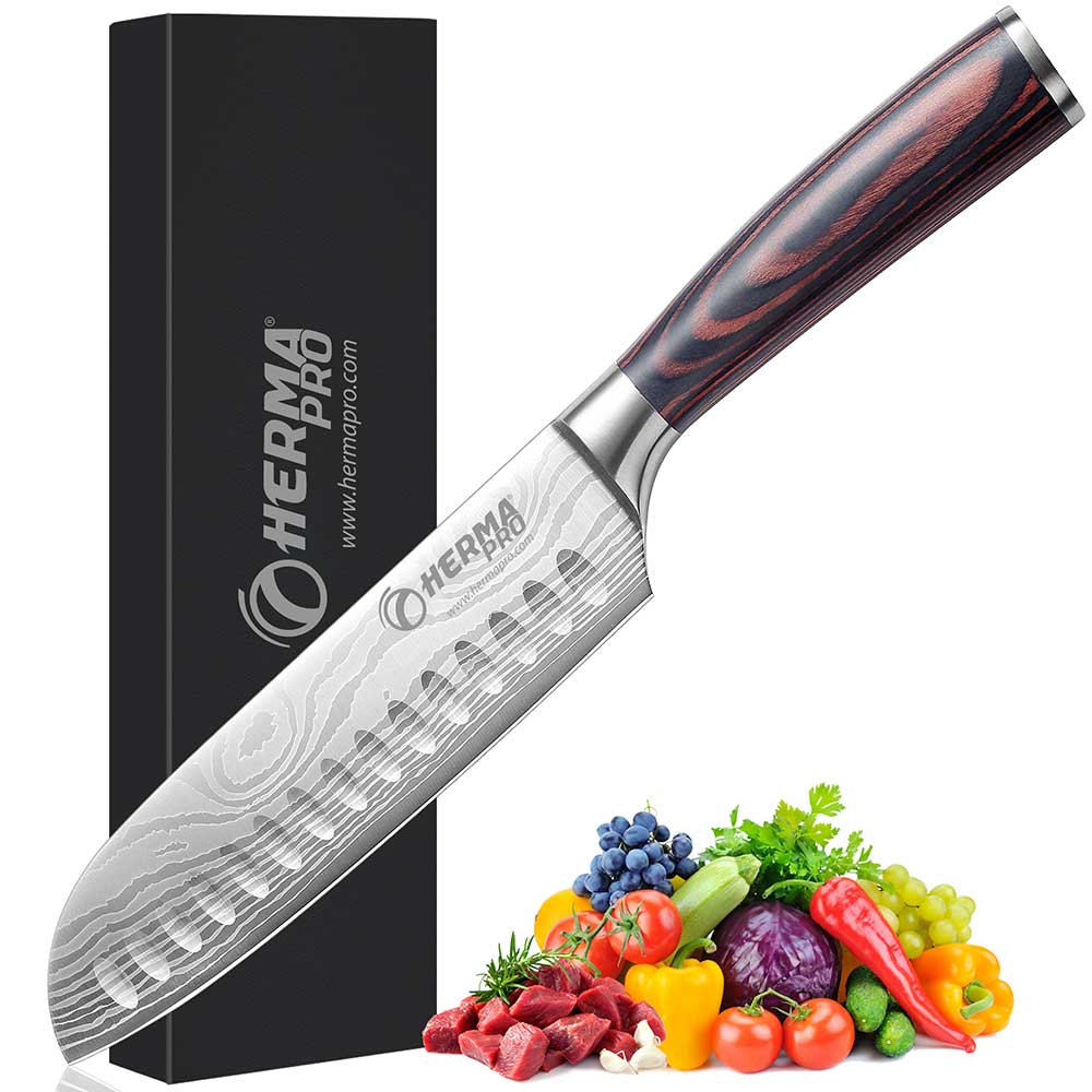 Couteau santoku HERMAPRO, lame inox 18 cm et manche en bois